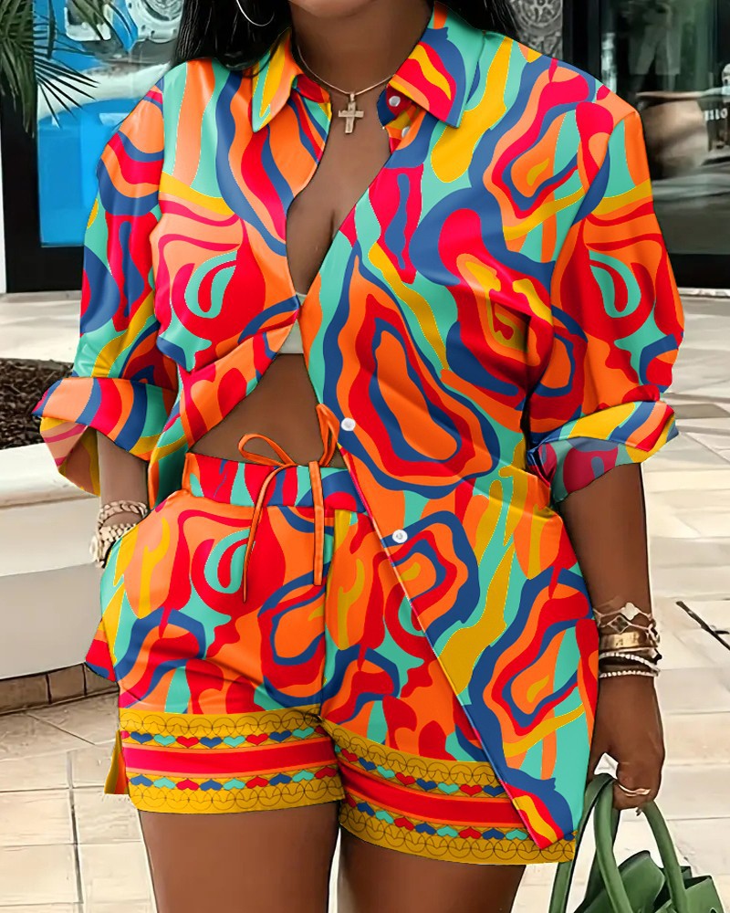 Shitysheets Women's Printed Suit Lapel Shirt Shorts Two-piece Set Long-sleeved Printed Button Lace-up Shorts Two-piece Set