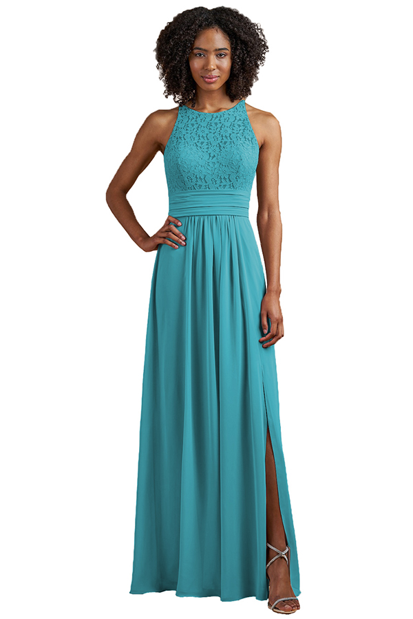 Halter Sleeveless Lace Slit Bridesmaid Dress
