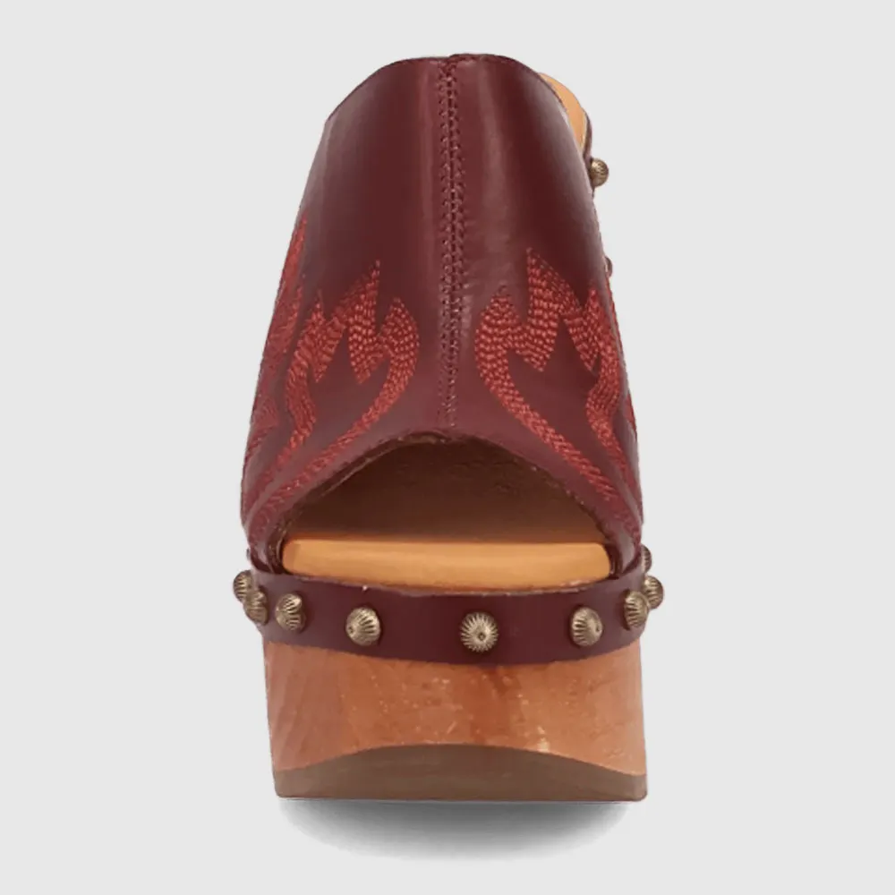 Maroon Chunky Heel Platform Embroidered Mules for Women with Studded