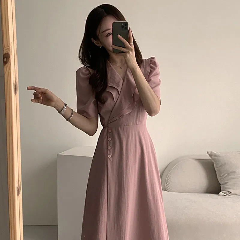Churchf Churchf Chic French Retro Double Collar Inclined Buckle Waist Show Thin Long A Piece Of Bubble Sleeve Dress Woman