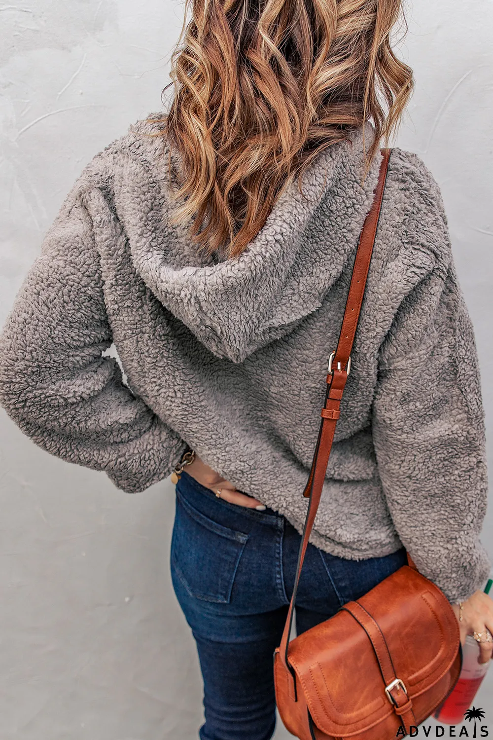 Gray 1/4 Zip Hooded Sherpa Sweatshirt with Kangaroo