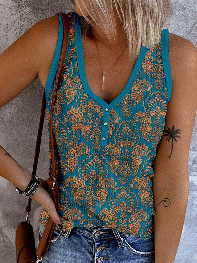  Vintage Western Pattern Button Up Casual Tank Top Westsshops