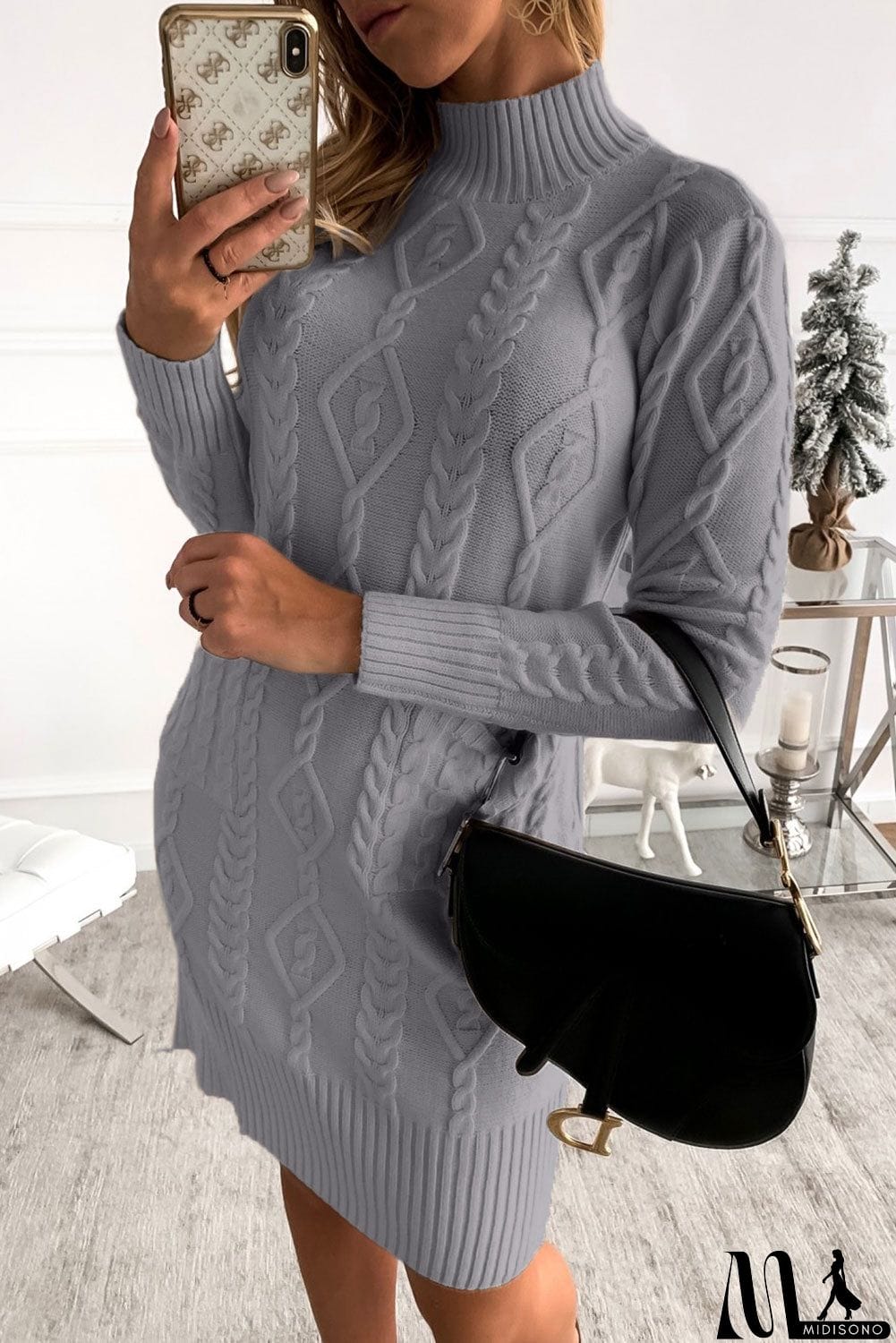 MidiSono - Beige High Neck Textured Bodycon Sweater Dress