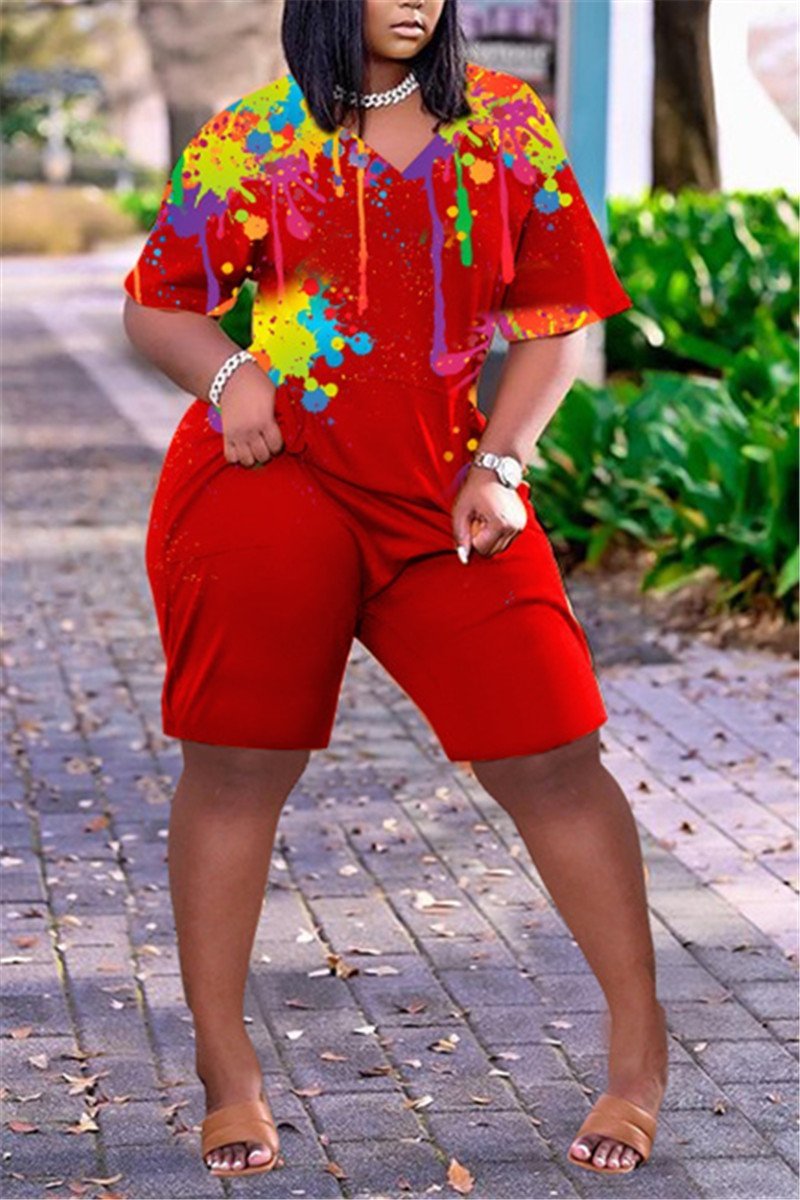 Splash Ink Print Plus Size Pocket Romper