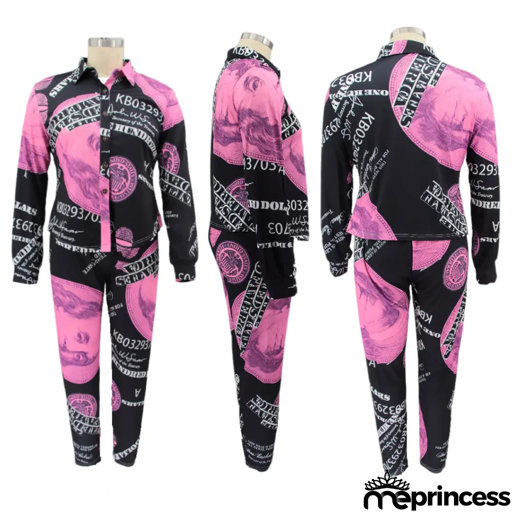 Plus Size Women Vintage Printed Long Sleeve Shirt + Pants Two-Piece Set