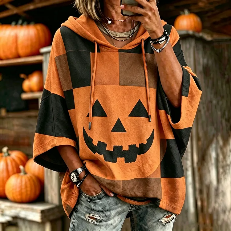 Women's Vintage Patchwork Halloween Pumpkin Face Art Printed  Hooded Sweatshirt