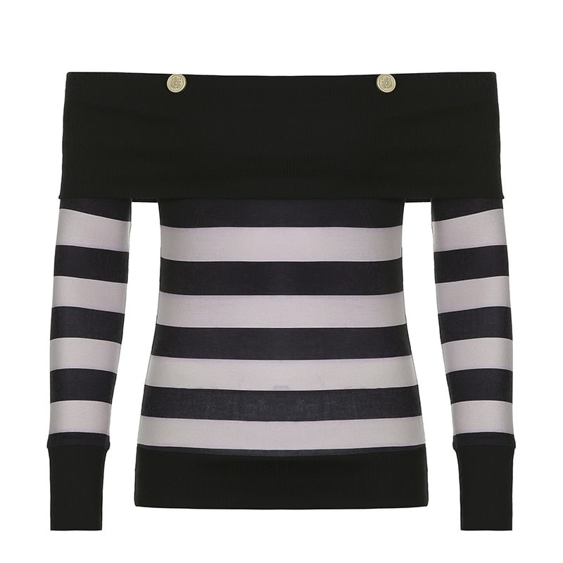 Retro Striped Print Grunge Tshirts Slash Neck Buttons Autumn Vintage Tops Tees Aesthetic Chic Cute Slim Outfits Cuteandpsycho