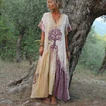 Women's Retro Tree Of Life Art Patchwork Short Sleeve Dress - Image 3