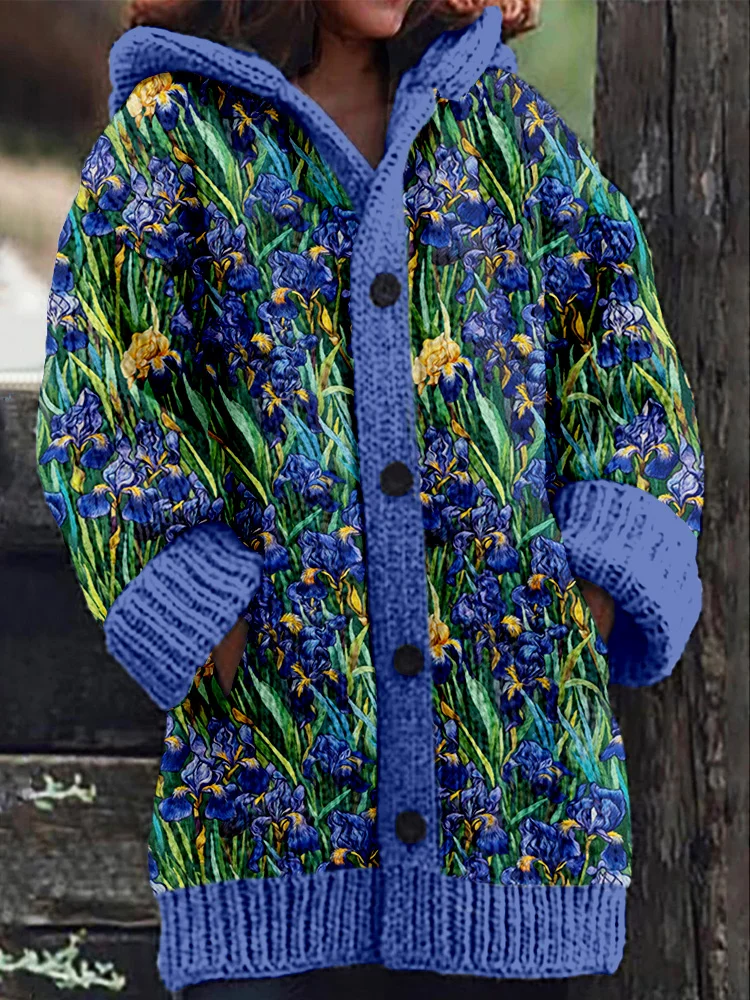 VChics Classic Irises Inspired Embroidery Cozy Hooded Cardigan