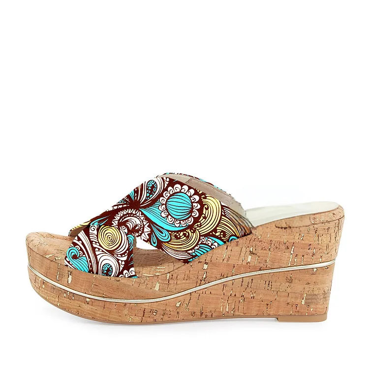 Blue Floral Cork Platform Sandals Vdcoo