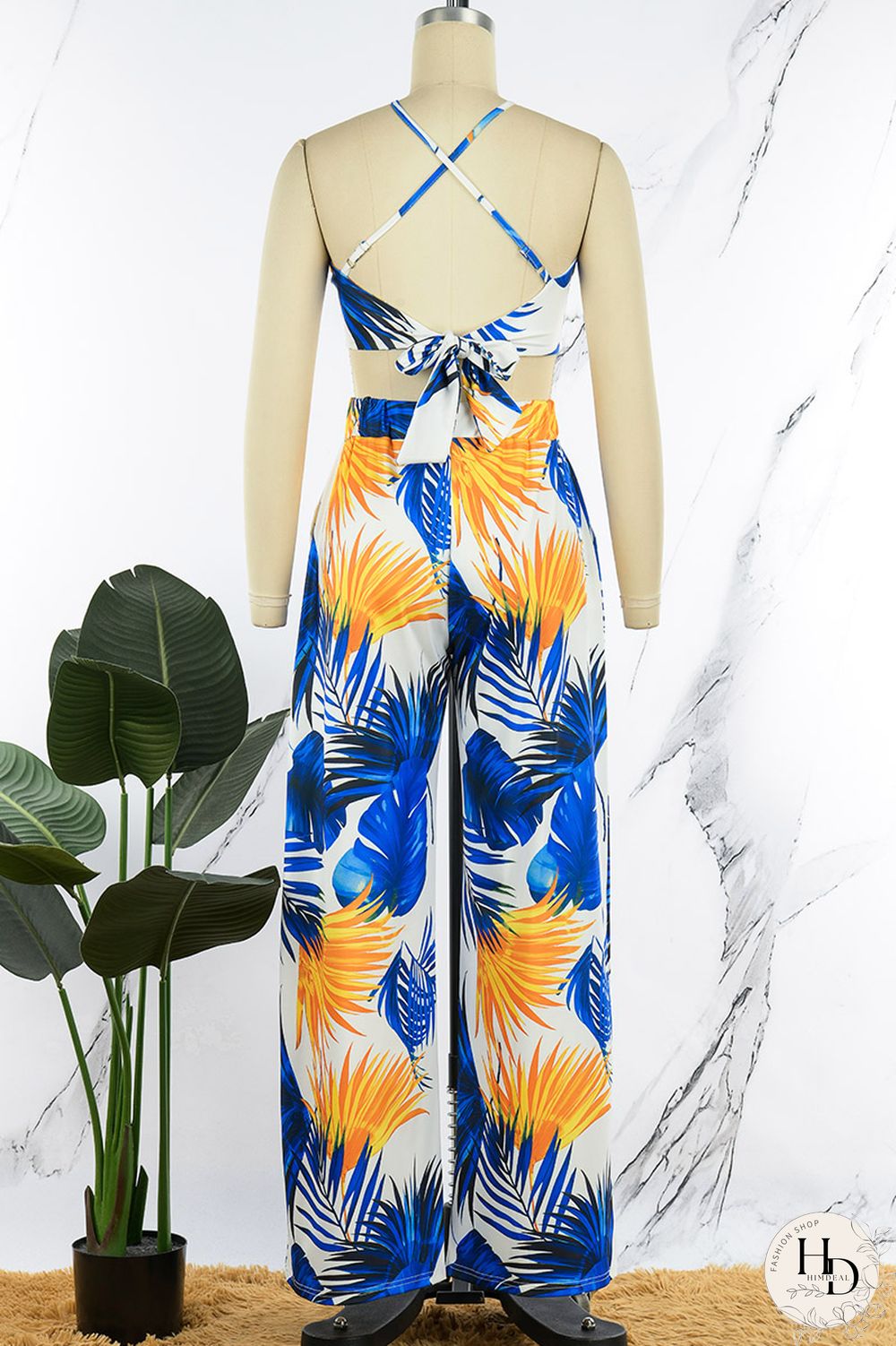 Blue Sexy Casual Print Frenulum Backless Spaghetti Strap Sleeveless Two Pieces