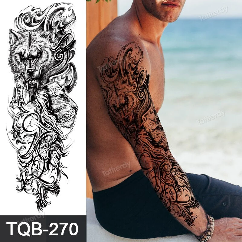 Totem Tribal Dragon Dragon Wolf Temporary Tattoos Full Arm Sleeve Large Body Art Painting Men Adult Sexy Tattoo Waterproof Black