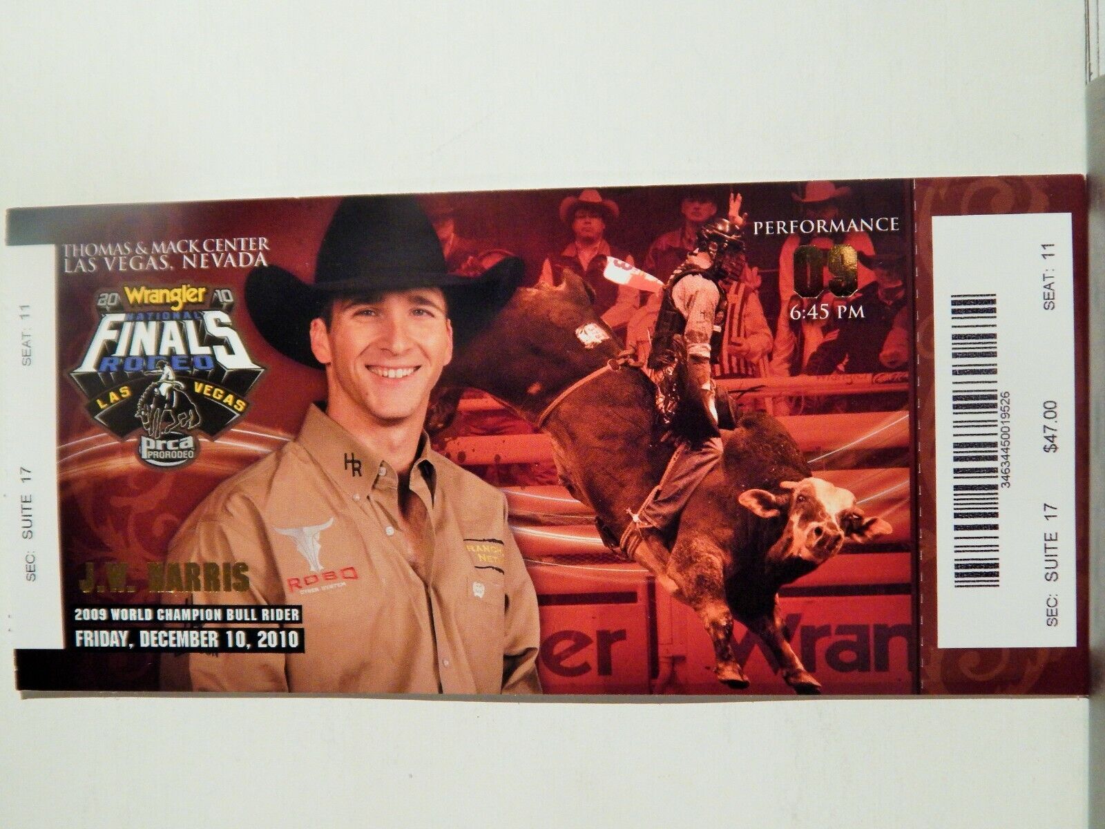 2010 NATIONAL FINALS RODEO LG ORIGINAL USED TICKET J W HARRIS COLOR Photo Poster painting