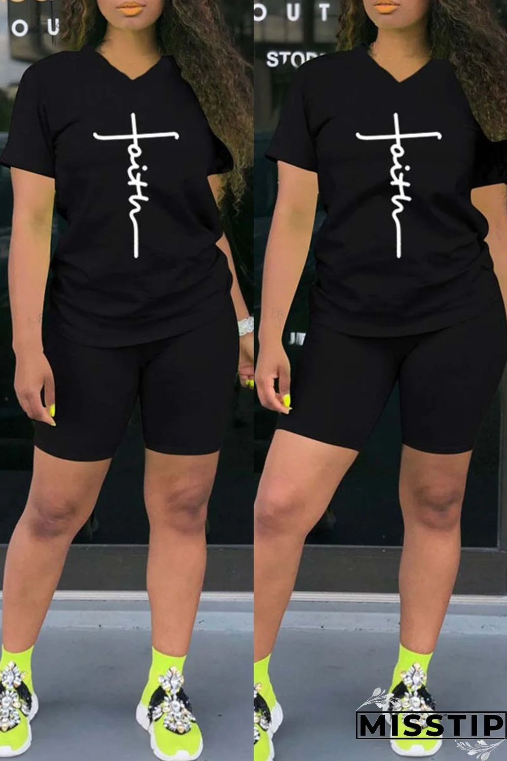 Black Casual Print Basic V Neck Short Sleeve Two Pieces