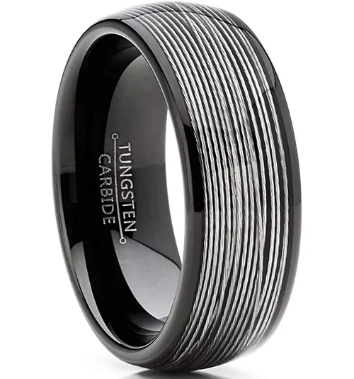 6MM 8MM Women Mens Black Tungsten Matching Colorful Fragments Inlay Steel Silver Wire Inlay Domed Style High Polished Wedding Rings