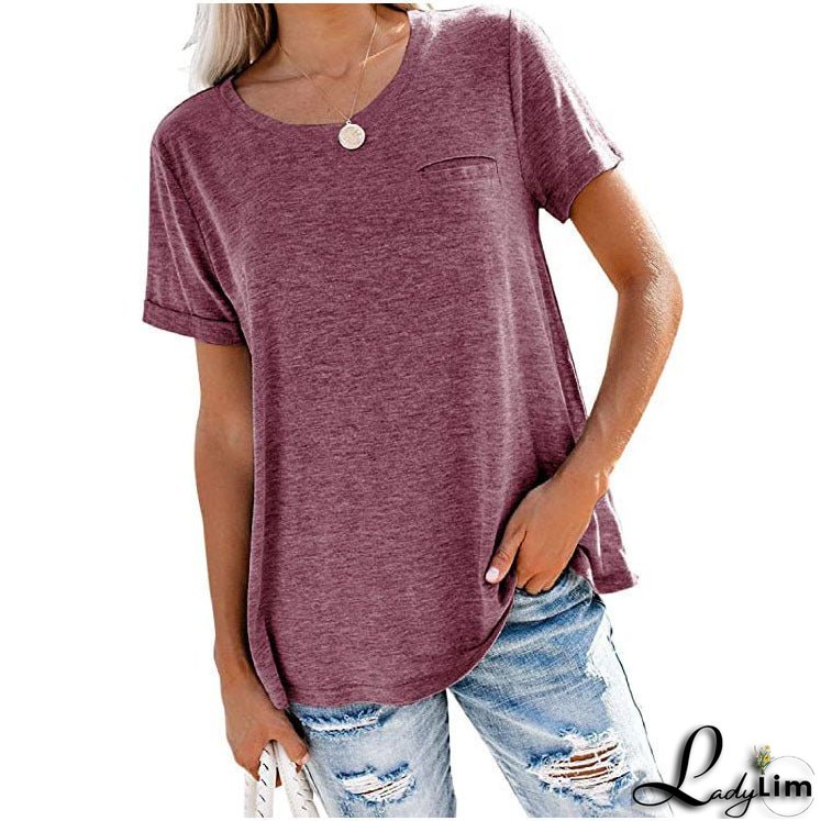 Multicolor Round Neck Short-Sleeved T-Shirt with Loose Fit and Pocket