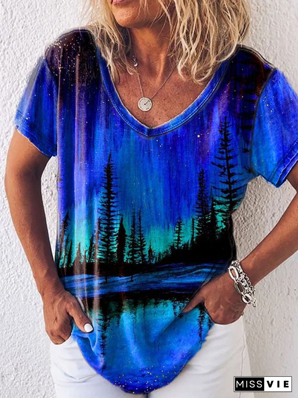 Short Sleeve V Neck Landscape Print Casual T-shirt