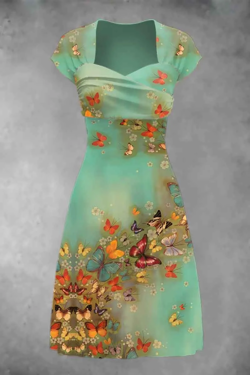 V-neck Open Back Slim Fit Wrap Hip Split Print Dress