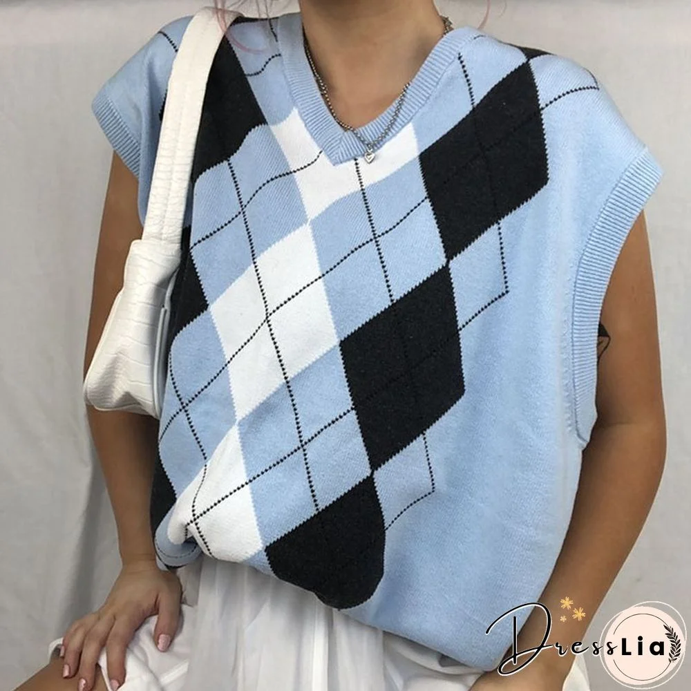 Checkered Cropped Knitted Tank Argyle Sleeveless Jumper