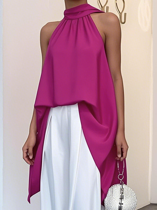 Loose Sleeveless Pleated Solid Color Halter-Neck Vest Top