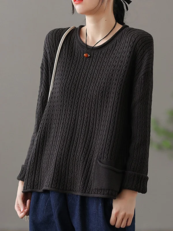 Artistic Retro Loose Long Sleeves Jacquard Solid Color Round-Neck Sweater Tops