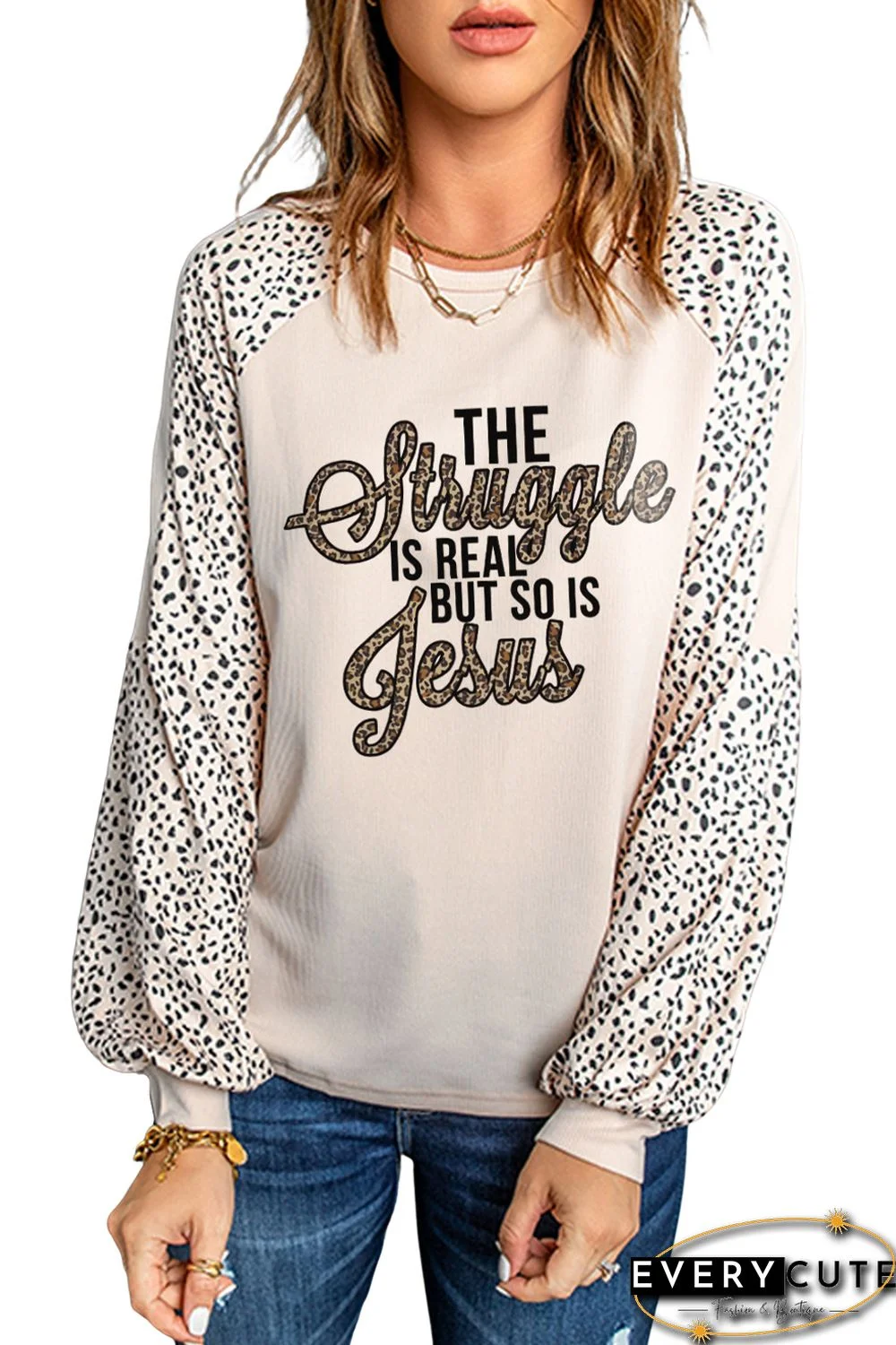 Khaki The Struggle Is Real But So Is Jesus Leopard Long Sleeve Pullover