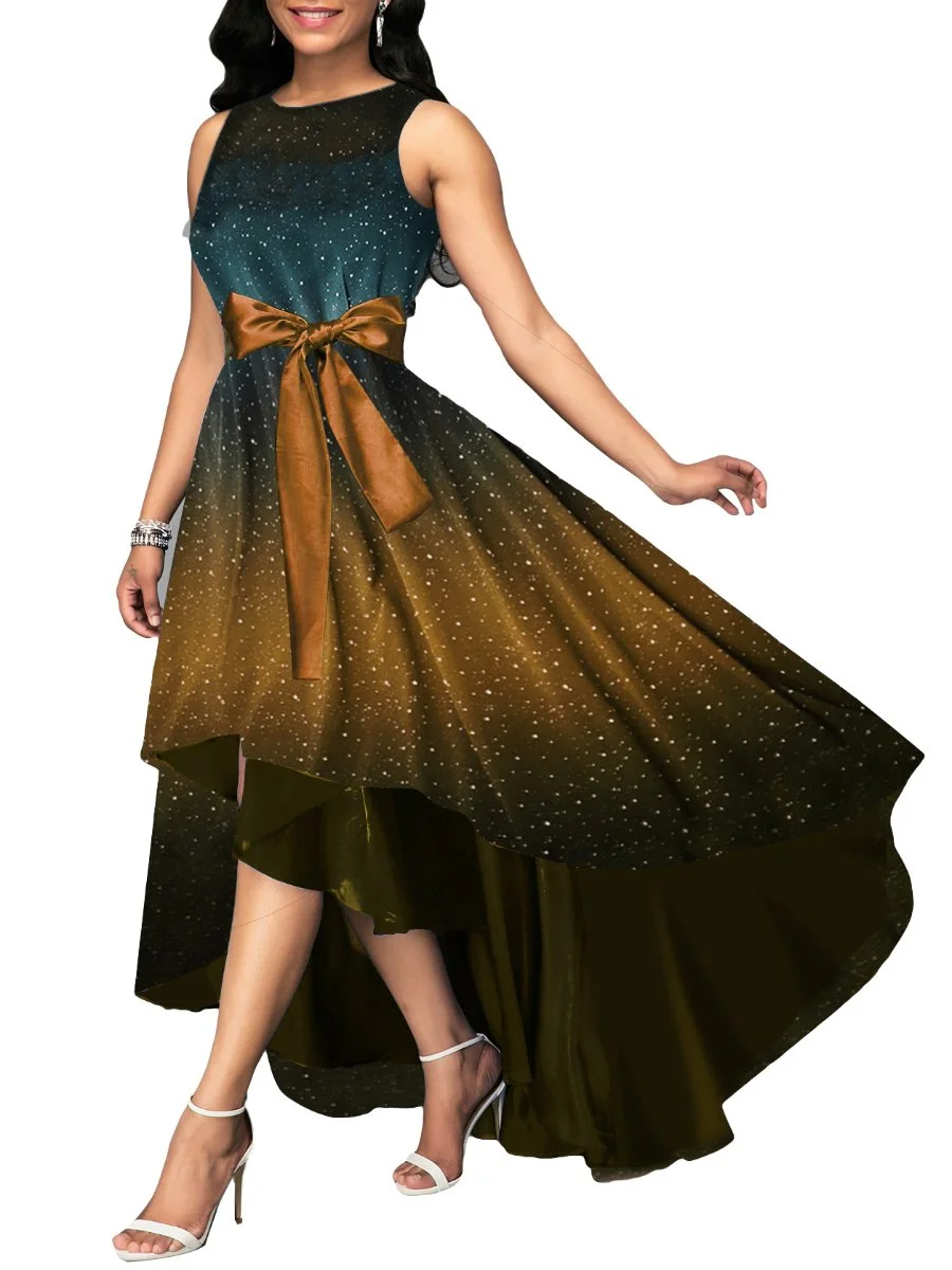 Women's Dress Starry Sky Printing Sleeveless Bowknot High Low Maxi Dress