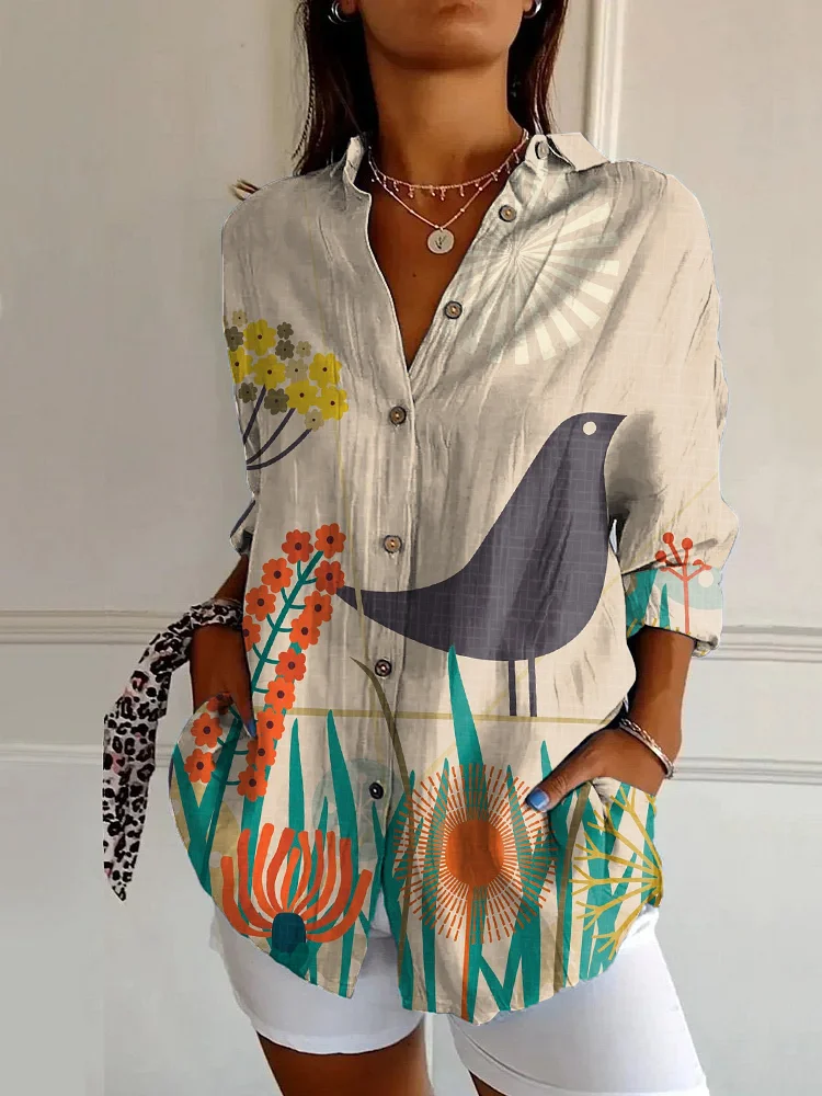 Vintage Bird Art Print Casual Long Sleeve Shirt