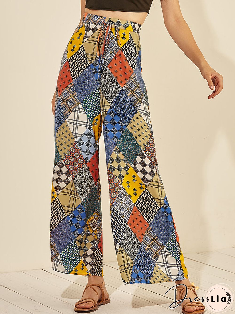 Colorful Plaid Print Drawstring Loose Long Casual Pants for Women