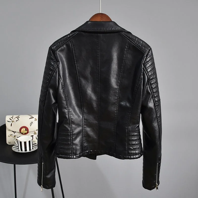 FTLZZ Autumn Faux Leather Jacket Women Turndown Collar Pu Motorcycle Black Punk Coat Female Rivet Zipper Outerwear