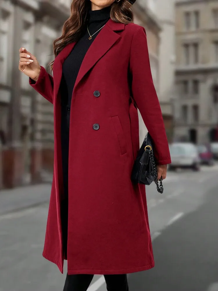 Women's Solid Color Notched Collar Long Sleeve Pocket Elegant Wool Blend Coat, Autumn/Winter