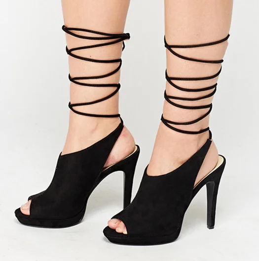 Black Strappy Heels Peep Toe Slingback Vegan Suede Platform Shoes |FSJ Shoes