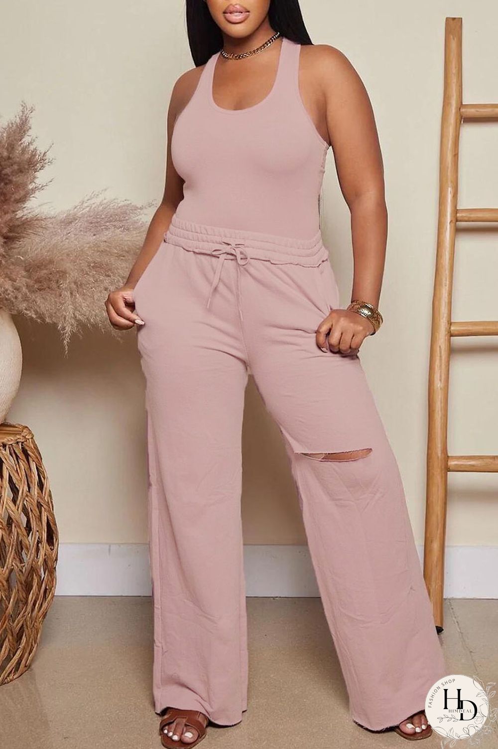 Yellow Casual Solid Ripped Patchwork U Neck Sleeveless Two Pieces