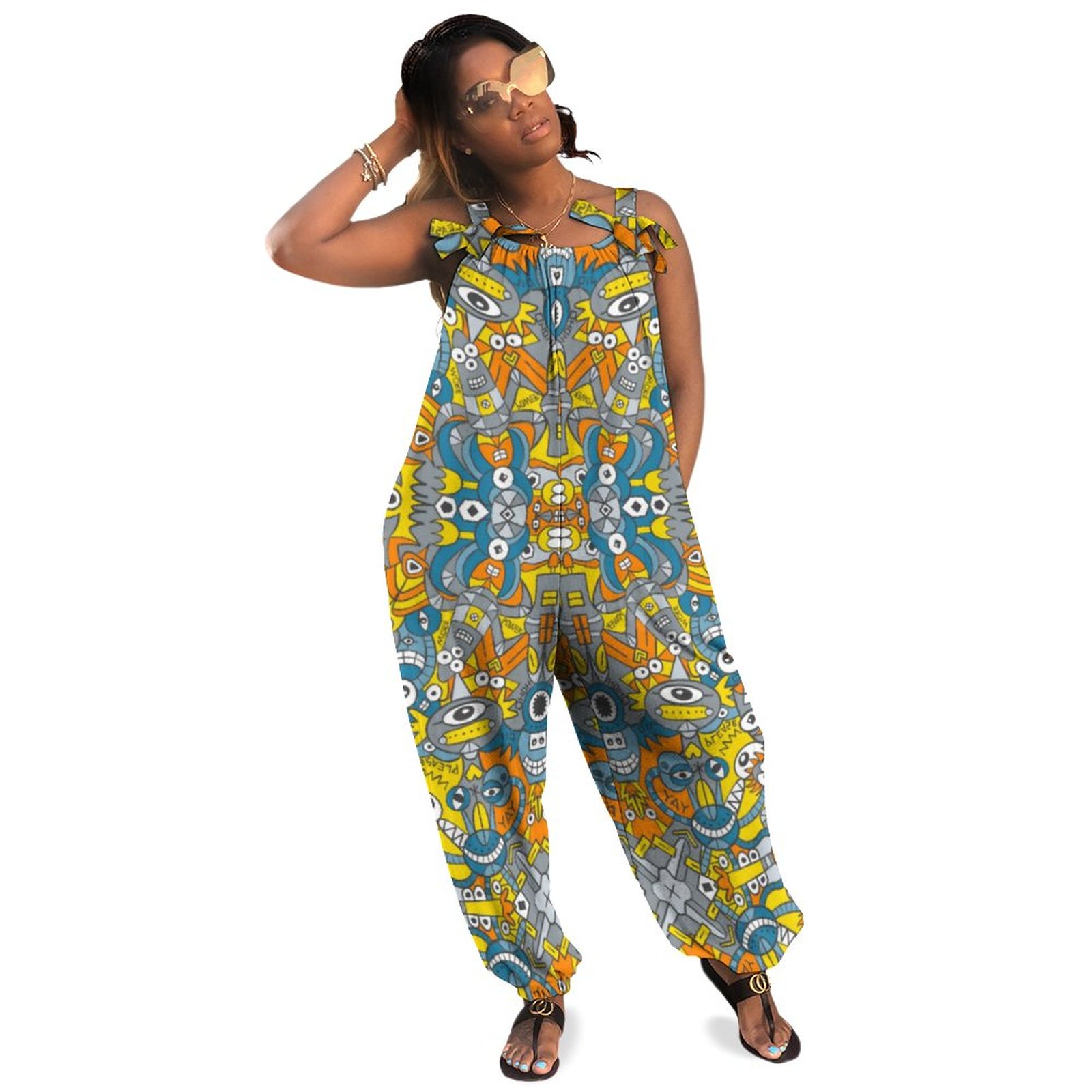Retro Robots Are Back And Want To Have Fun Pattern Boho Vintage Loose Overall Corset Jumpsuit Without Top