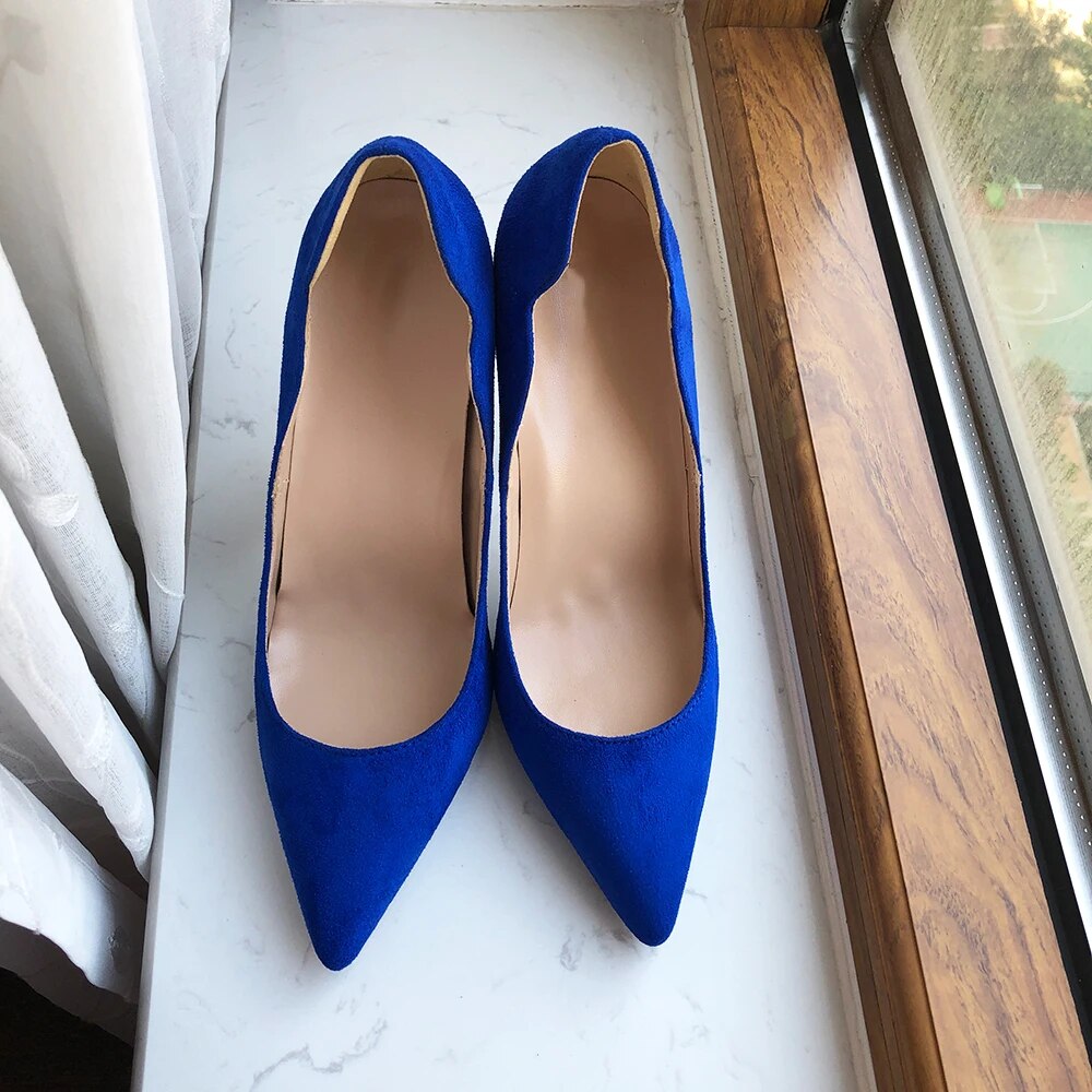 Solid Royal Blue Women Curl Cut Flock Pointy Toe High Heel Shoes 8cm 10cm 12cm Faux Suede Stiletto Pumps