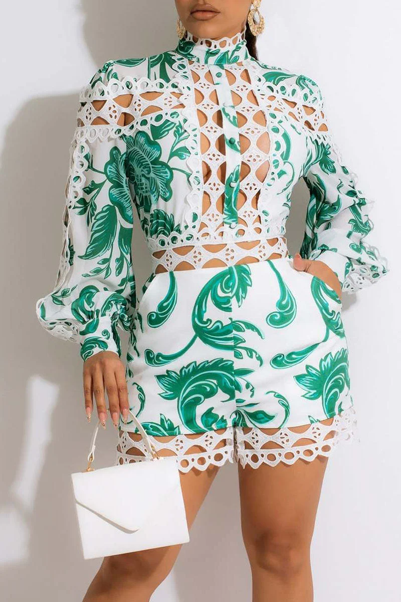 Sexy Print Hollowed Out Patchwork Half A Turtleneck Straight Jumpsuits