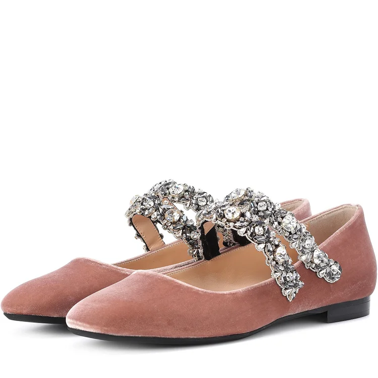 Blush Velvet Mary Jane Shoes Rhinestone Strap Square Toe Flats |FSJ Shoes