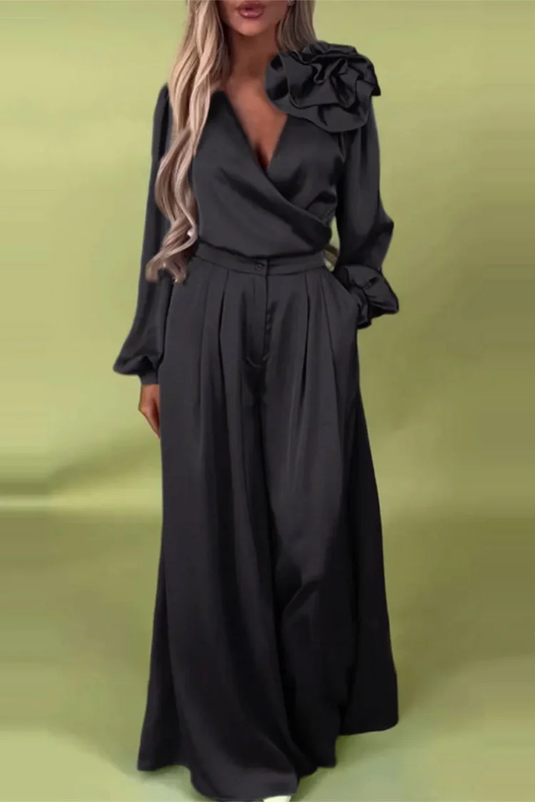 Plus Size Business Casual Blue Wrap Neck Lantern Sleeve Long Sleeve 3D Elegant Pocket Satin Two Piece Pant Sets