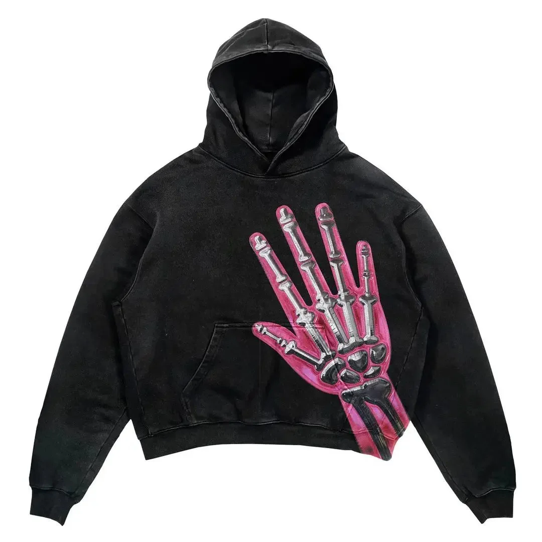 Aonga New women hip-hop retro palm print fashion loose casual sweater men and women top street hoodie plus fleece Harajuku sweater aonga