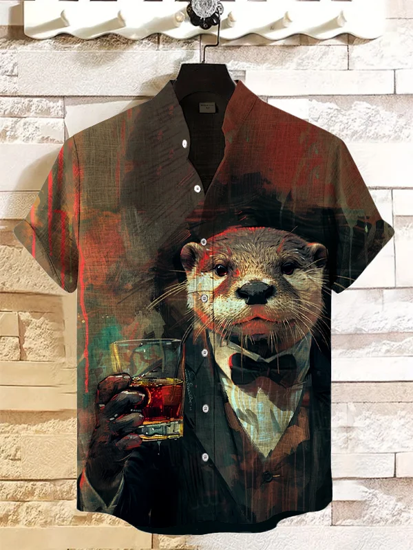 Men's Retro Gentleman Otter Drinking Art Print Casual Shirt