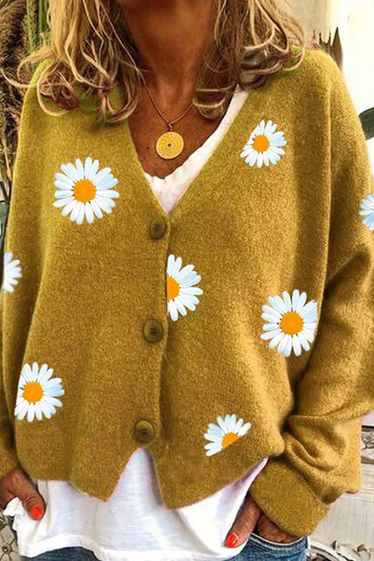 Vintage Single-Breasted Daisy Jacquard Sweater Cardigan