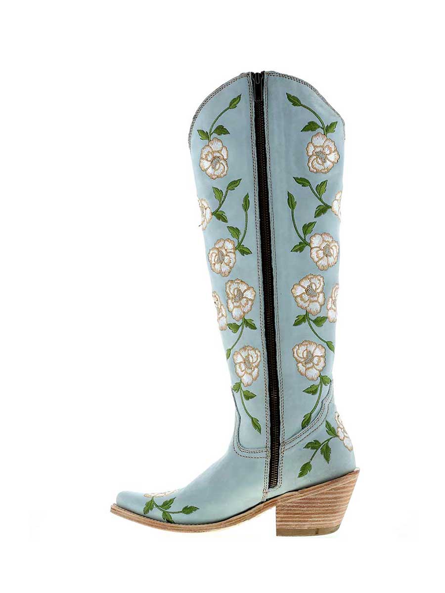 Blue Pointed Toe Colorful Floral Embroidered Zip Knee-High Cowgirl Boots