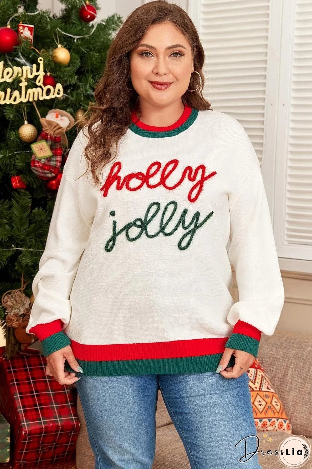White Tinsel holly jolly Pattern Colorblock Edge Drop Shoulder Plus Size Sweater