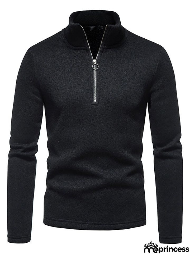 Solid Color High Collar Zip Up Base Tops for Men