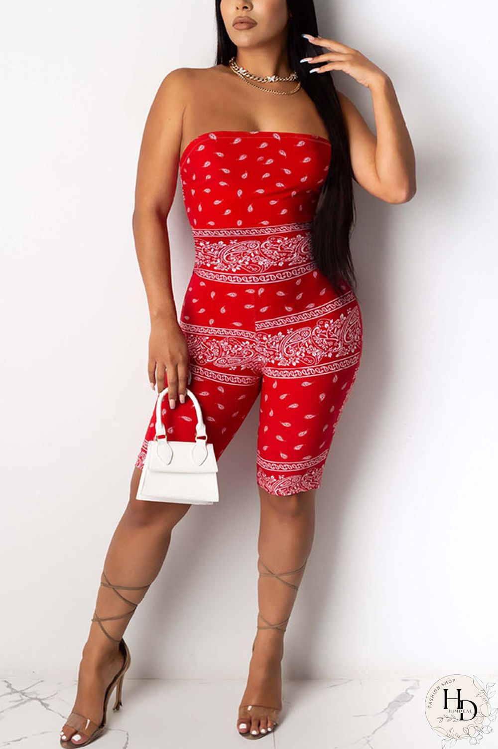Red Fashion street Print Milk. Sleeveless Wrapped Jumpsuits