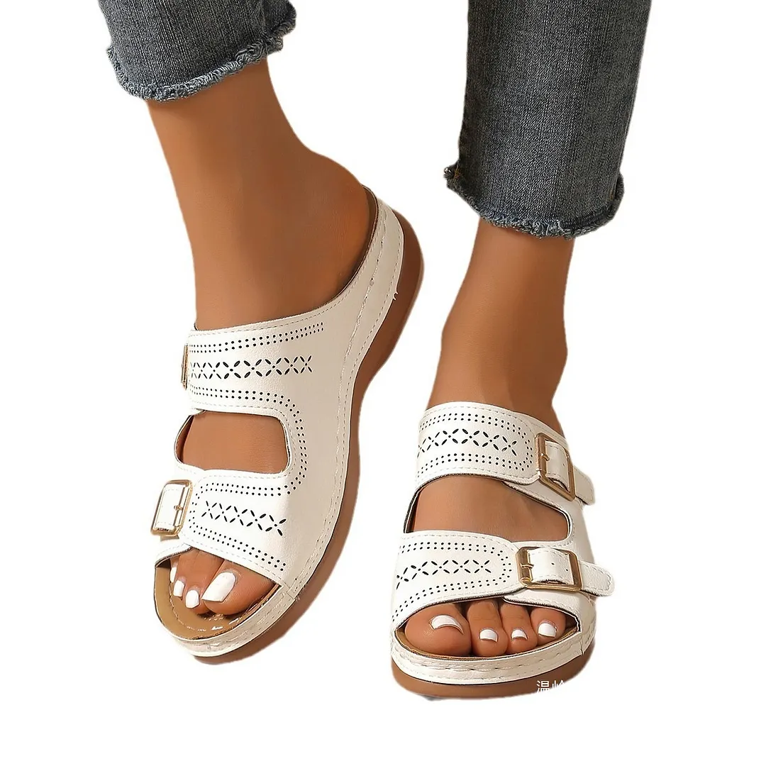 Yyvonne Asia's New Large-Size Carving Belt Buckle Thick Bottom Slippers Women's Slope And Lightweight Outside Wearing Cold Slippers