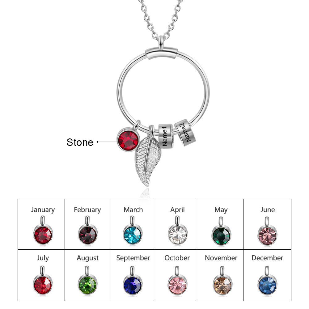 Collana con ciondolo foglia e cerchio 2 nomi e 2 pietre di nascita personalizzati regalo per donna