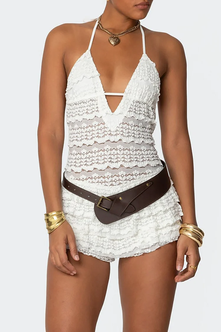 Deep V Neck Halter Lace Frilled Trim Halter Playsuit Romper-White [Pre Order]