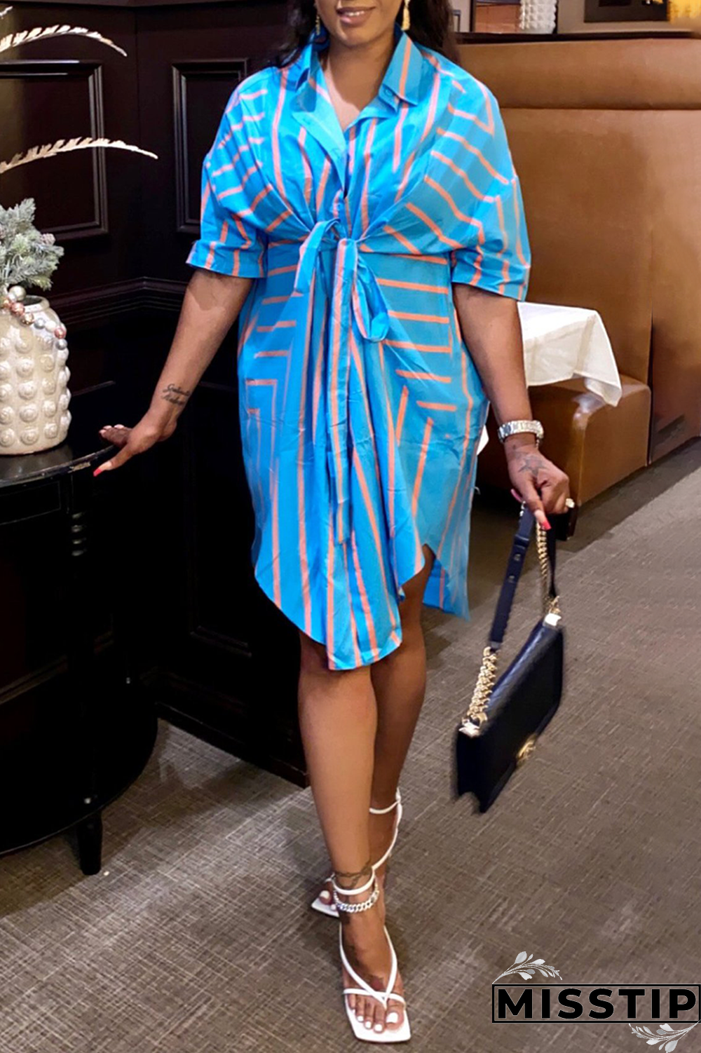 Blue Casual Striped Patchwork Turndown Collar Shirt Dress Dresses