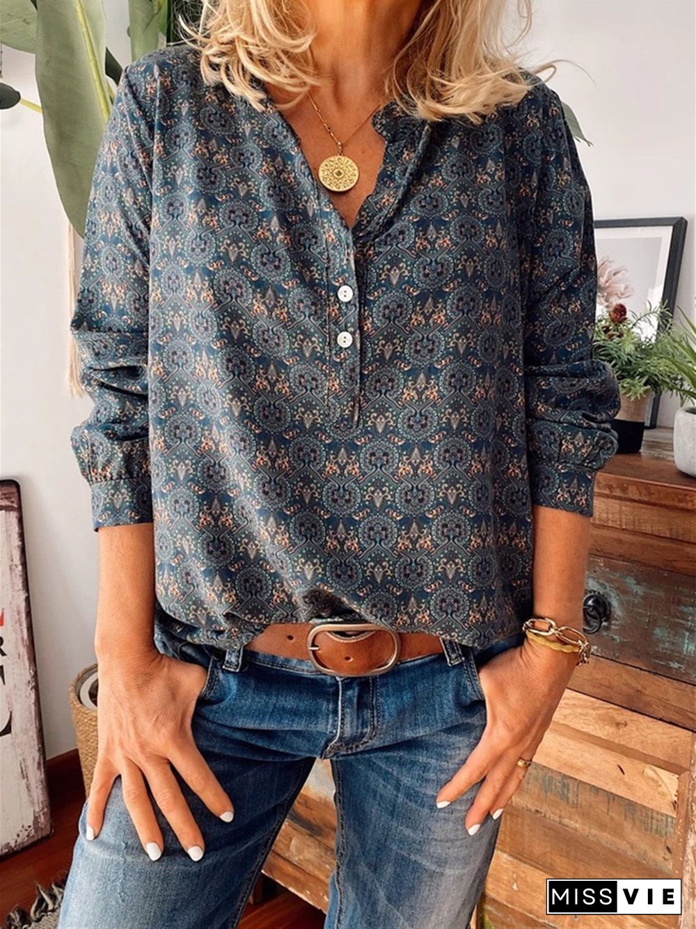 Women Vintage Floral Printed Blouse